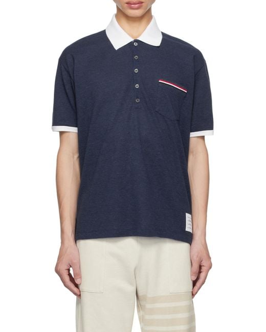 Thom Browne Blue Logo Patch Stripe-Detailed Polo Shirt for men