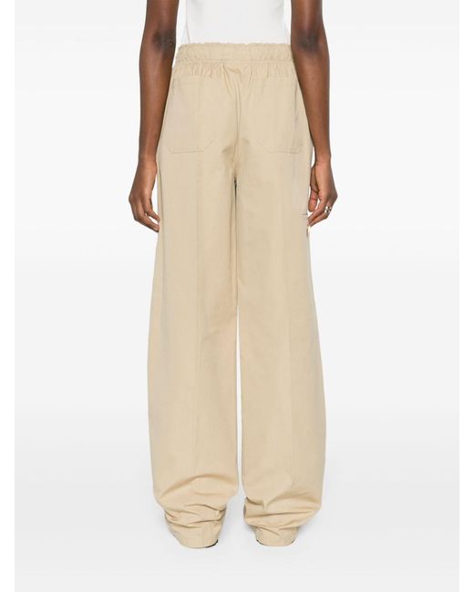 Prada Natural Triangle-Logo Plaque Wide-Leg Pants