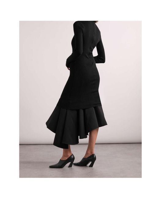 Bottega Veneta Black Asymmetric Satin-Trimmed Ribbed-Knit Turtleneck Midi Dress