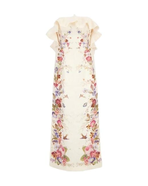 Zimmermann Natural Ruffled Floral Midi Dress