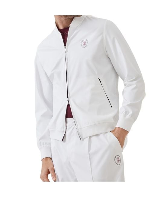 Brunello Cucinelli White Logo Printed Zipped Sweatshirt for men