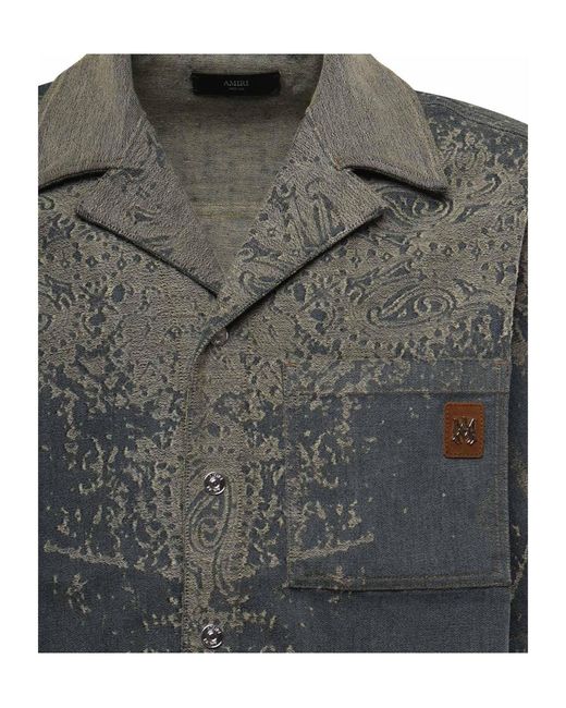 Amiri Gray Paisley Denim Short Sleeve Shirt for men