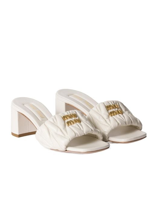 Miu Miu White Matelassé Nappa Leather Slides