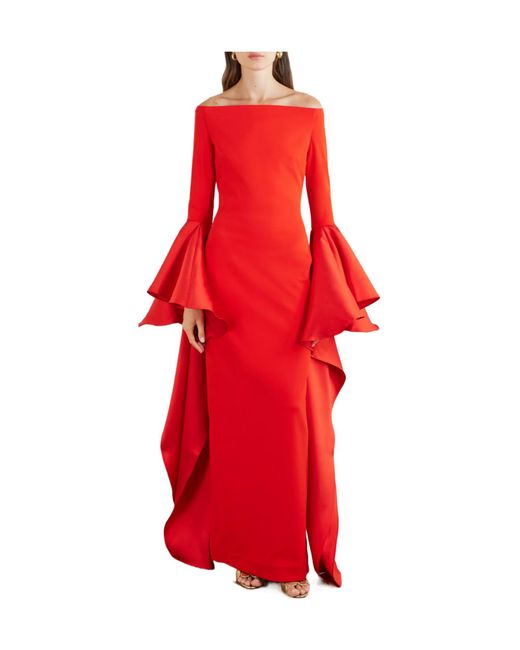 Solace London Red Draped Satin-Trimmed Crepe Gown