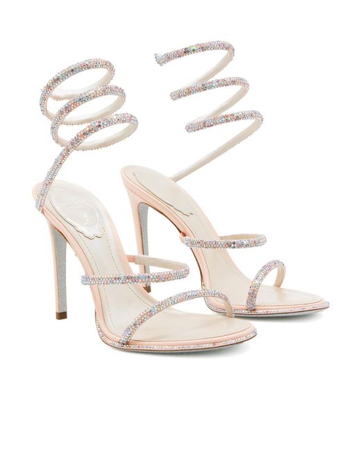 Rene Caovilla White Crystal Spiral Heeled Sandals