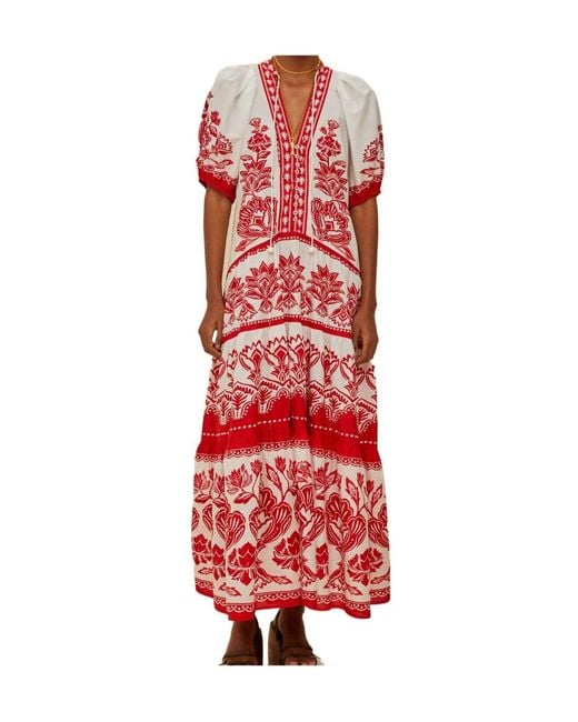 Farm Rio Red Floral-Pattern Puff-Sleeve Midi Dress