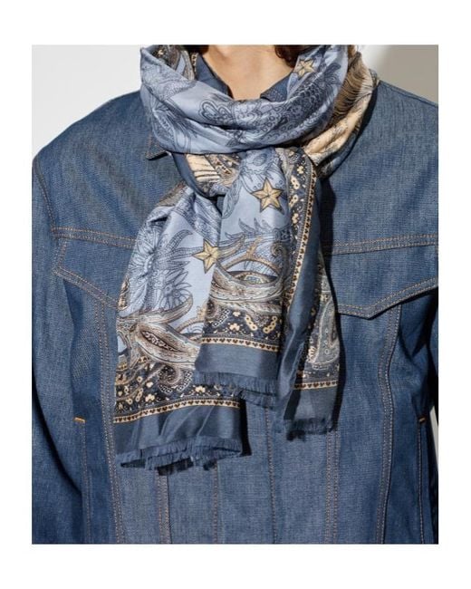 Etro Blue Silk-Blend Scarf With Pegaso for men