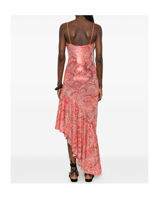 Etro Red Paisley Asymmetric V-Neck Dress