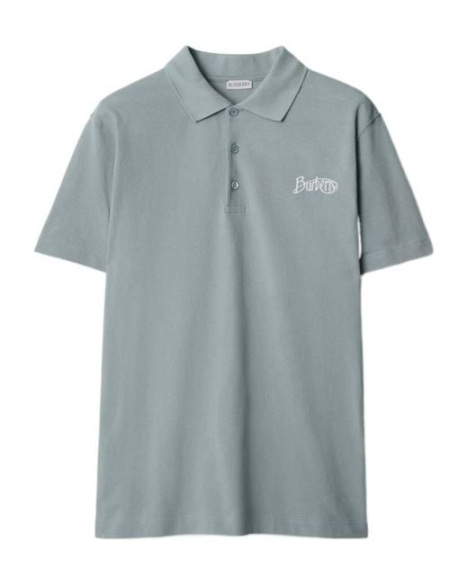 Burberry Blue Logo Embroidered Straight Hem Polo Shirt for men