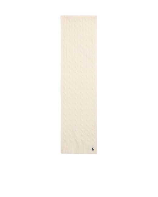 Polo Ralph Lauren White Logo Embroidered Cable Knitted Scarf