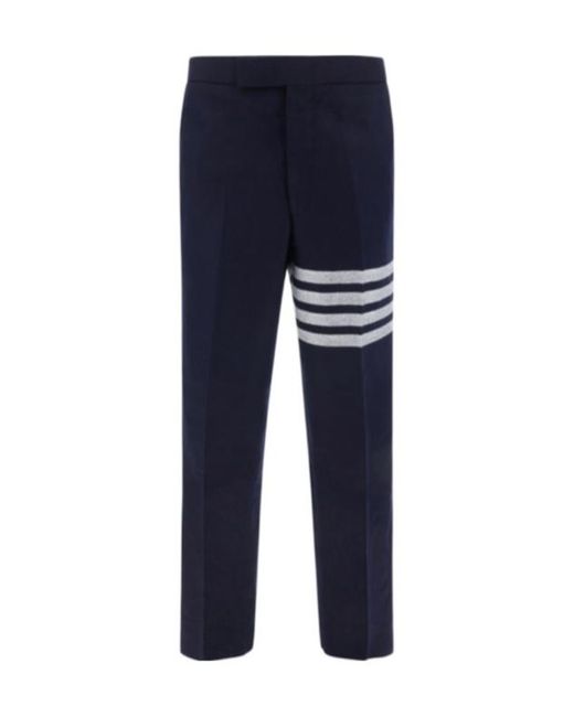 Thom Browne Blue 4-Bar Stripe Detailed Flannel Trousers for men