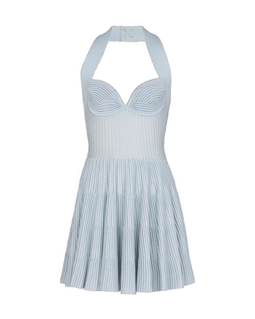 Balmain Blue Textured Knit Halterneck A-Line Dress