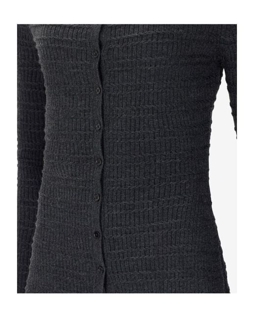 Victoria Beckham Black Folded Detail Fitted Merino Blend Wool Boat-Neck Cardigan