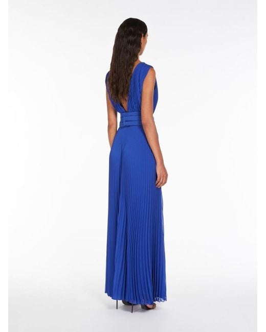 Max Mara Blue V-Neck Pleated Dress
