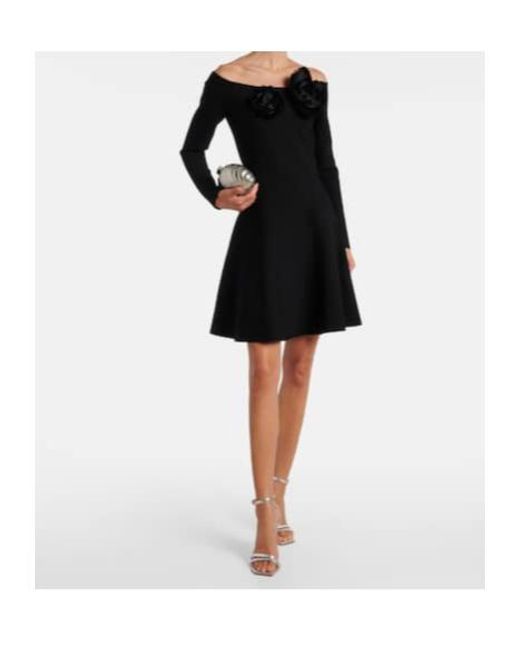 Oscar de la Renta Black Floral-Appliqué Off-Shoulder Minidress