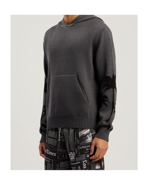 Palm Angels Gray Palm-Print Hooded Jumper for men
