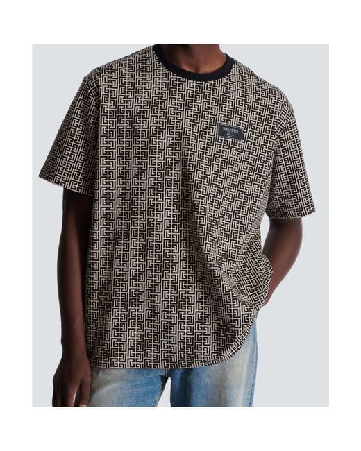 Balmain Gray Logo Patch Monogrammed T-Shirt for men