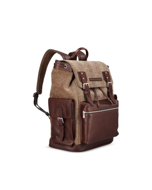 Brunello Cucinelli Brown Burnished Calfskin And Chevron-Effect Techno Fabric City Backpack for men