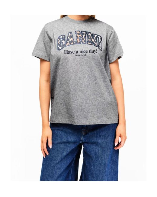 Ganni Gray Logo Crew Neck T-Shirt