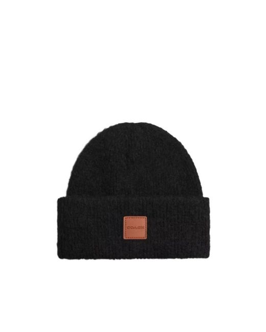 COACH Black Knit Beanie With Leather Patch for men