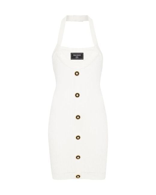 Balmain White Ribbed Mini Dress
