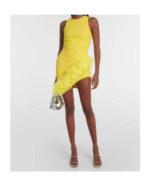 David Koma Yellow Ruffled Virgin Wool Crepe Minidress