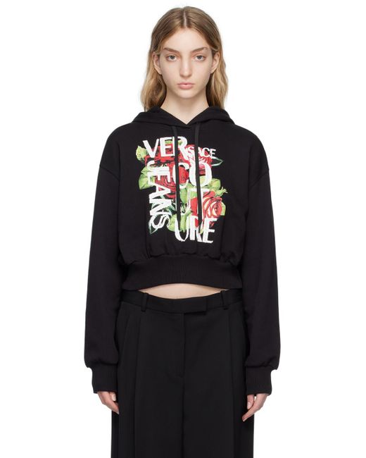 Versace Jeans Black Cropped Logo-Print Cotton Hoodie