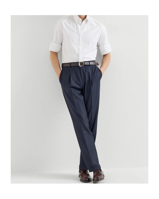 Brunello Cucinelli Blue Super 150S Virgin Wool Four Season Batavia Trousers With Pleat for men