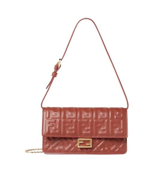 Fendi Red Baguette Ff Embossed Chain-Linked Wallet