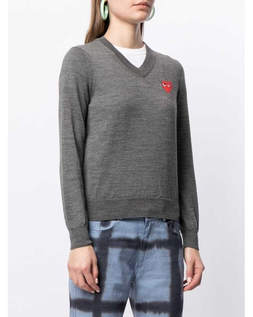 COMME DES GARÇONS PLAY Gray Intarsia Knit-Logo V-Neck Jumper