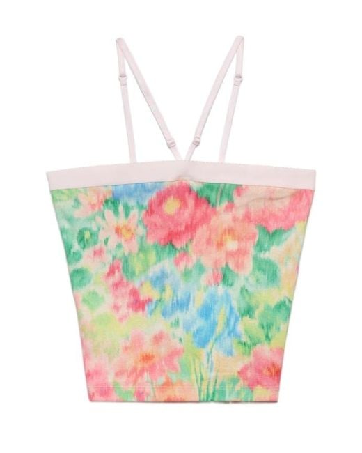 Prada White Ribbed Knit Cotton Top With Floral Print