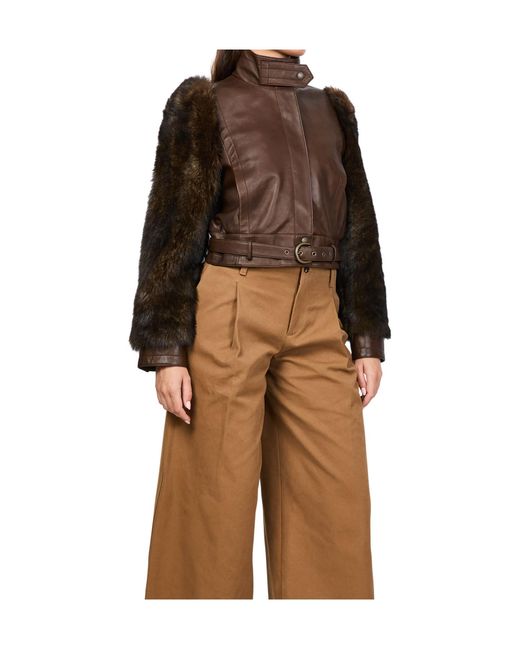 Chloé Brown High Collar Long Sleeve Leather Jacket