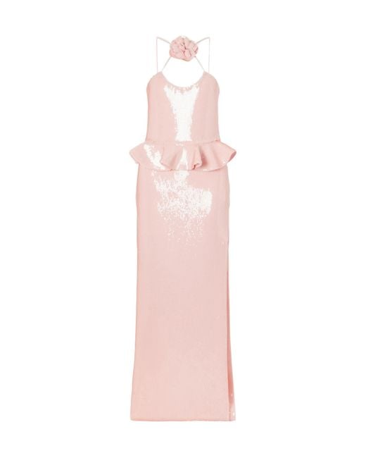 Rodarte Pink Floral-Appliquéd Ruffled Sequined Mesh Halterneck Gown