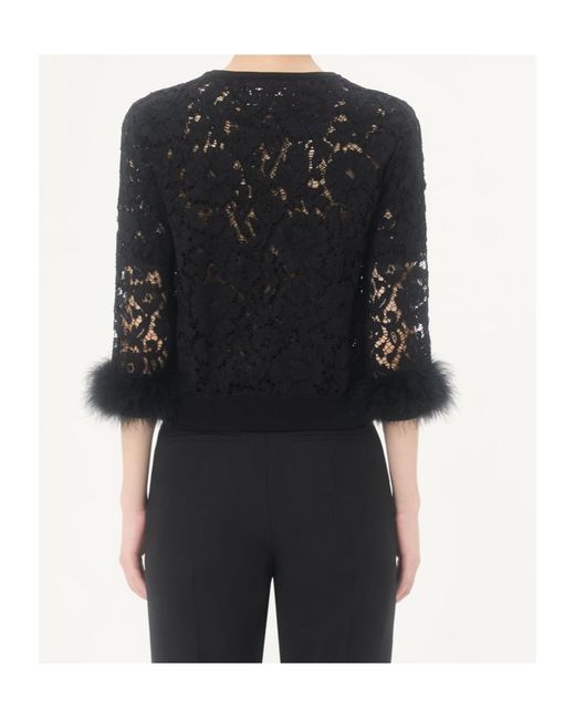 Valentino Black Lace Feather-Trim Cardigan