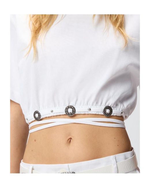 Pinko White Lace-Up Cropped T-Shirt