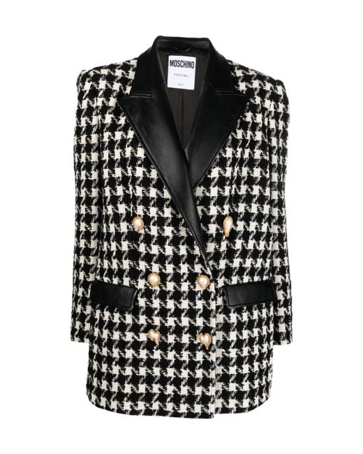 Moschino Black Houndstooth-Pattern Straight Hem Jacket