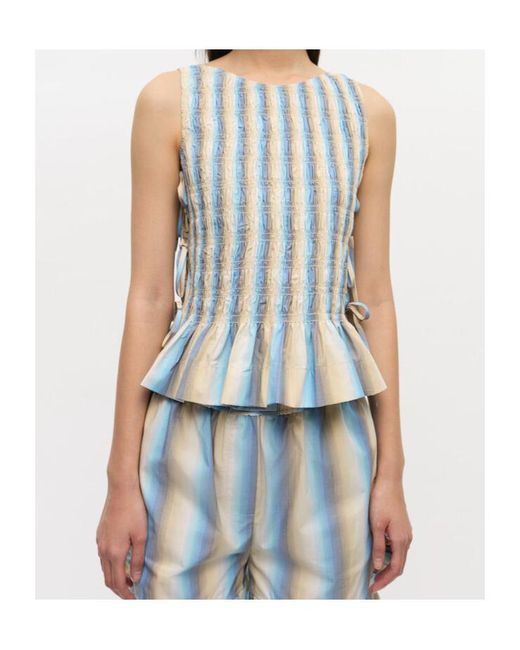 Ganni Blue Ombre Striped Smock Tie Top