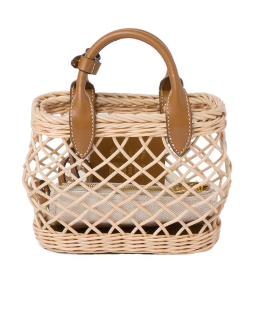 Miu Miu Brown Woven Fabric Handbag With Leather Trim