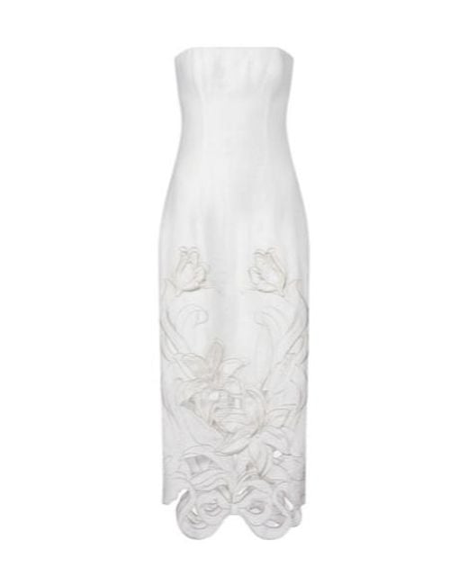 Leo White Rayna Floral-Appliqué Linen-Blend Bustier Gown