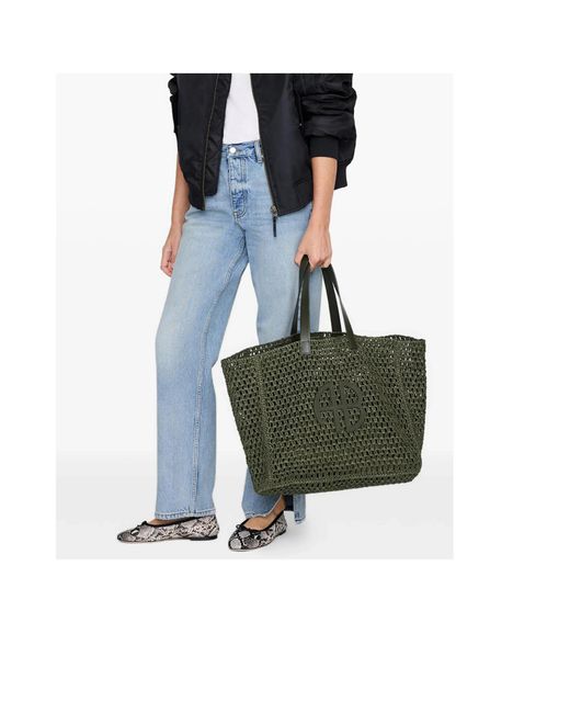 Anine Bing Green Logo Patch Interwovened Top Handle Bag