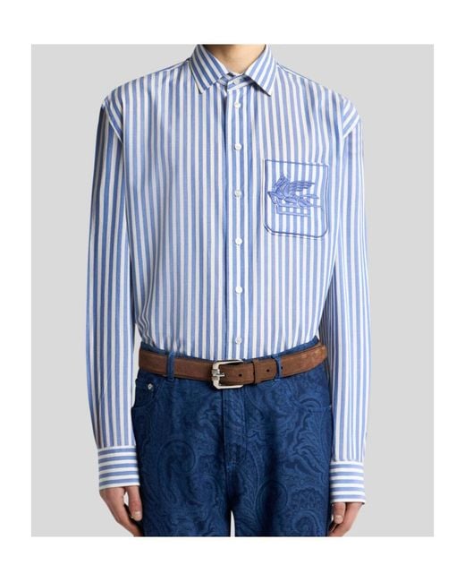 Etro Blue Pegaso Embroidered Striped Shirt for men