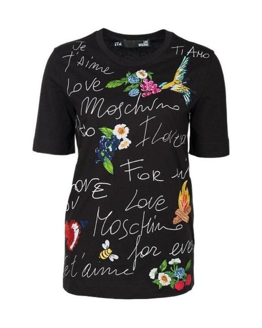 Moschino Black Logo Flower Embroidery T-Shirt