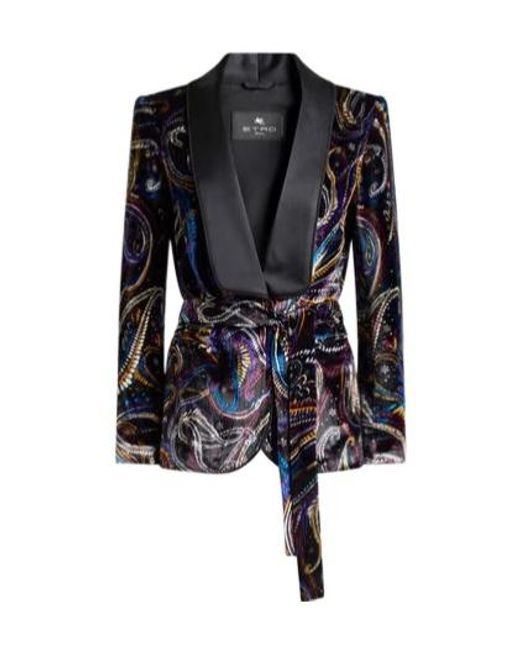 Etro Black Paisley Foliage Motif Belted Velvet Blazer