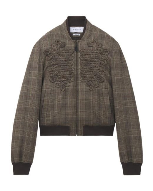 McQueen Gray Embroidered Check Bomber Jacket for men