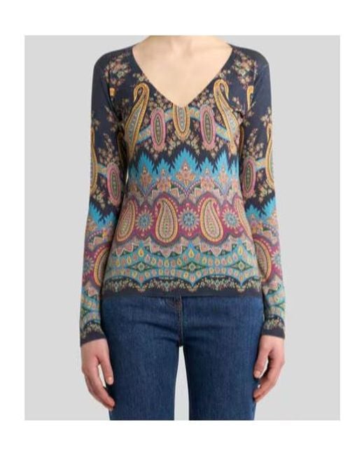 Etro Blue Paisley-Print V-Neck Sweater