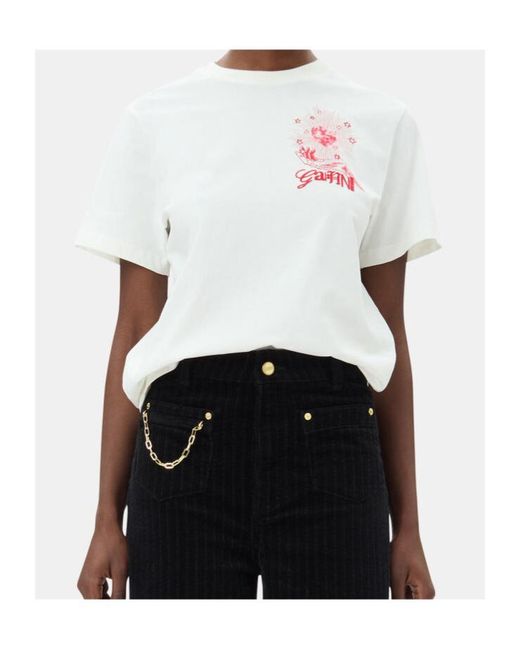 Ganni White Logo Printed Crewneck T-Shirt