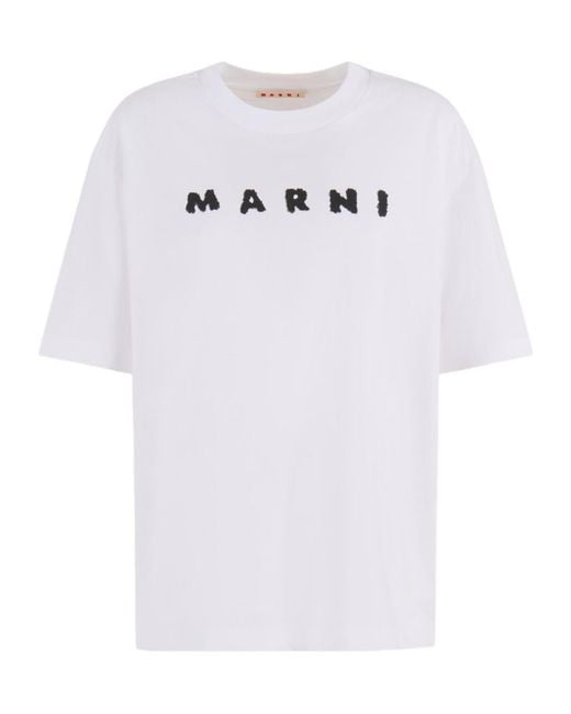 Marni White Logo Printed Crew Neck T-Shirt