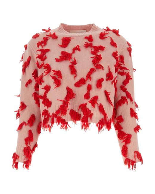 Jil Sander Red Embellished Frayed Crewneck Sweater