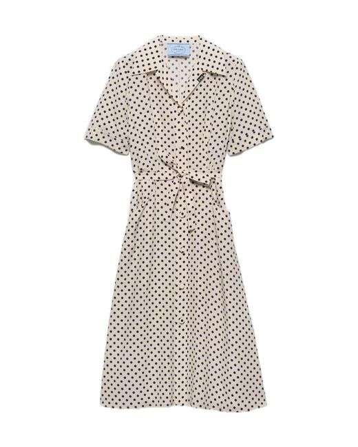 Prada White Polka-Dot Print Marocain Shirt Dress