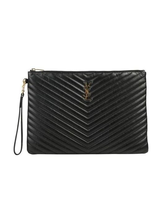 Saint Laurent Black Large Logo Monogram Quilted Clutch Bag